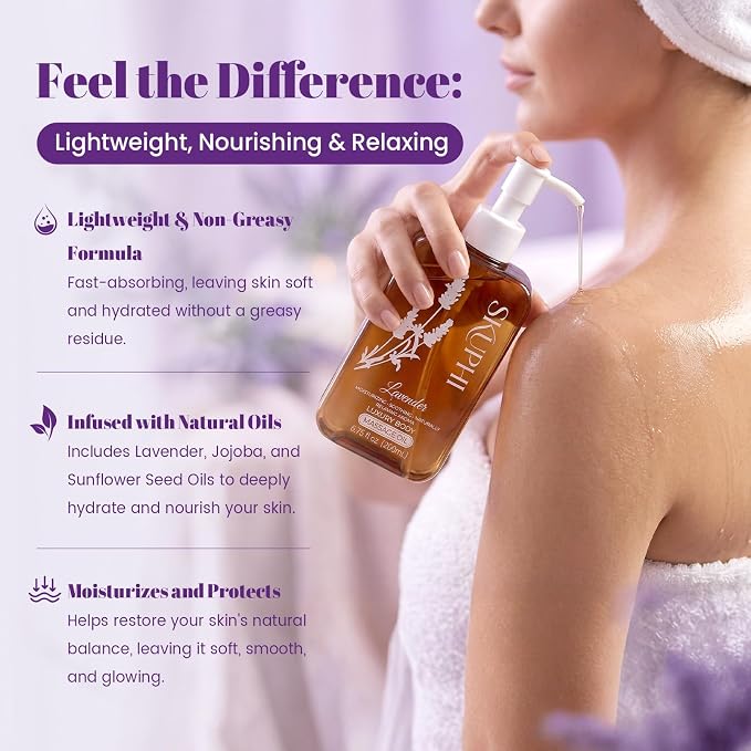 Body Oil for Massage, Lightweight Non Greasy Massage Oil for Relaxation & After Shower, Smooth Glide 6.76 Fl Oz (Lavender)