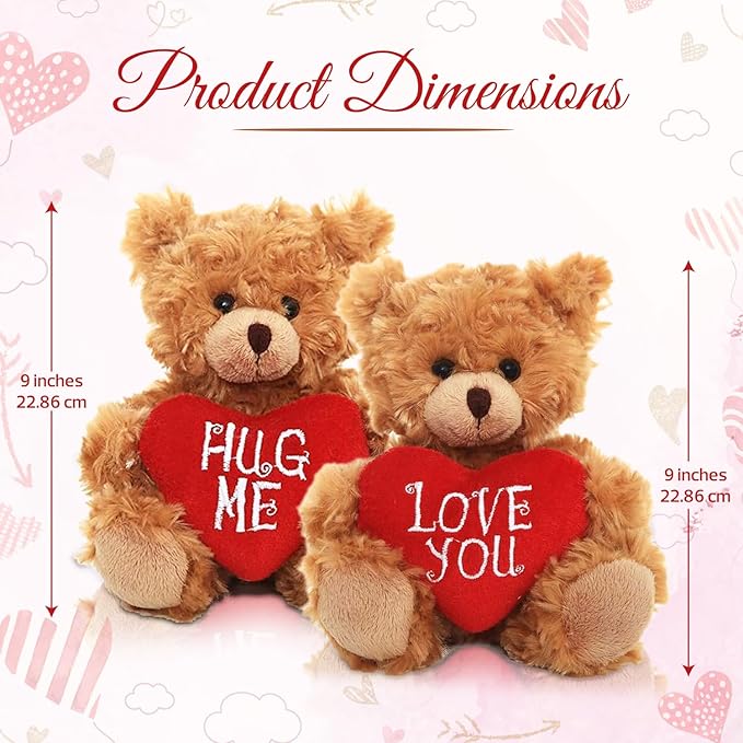 Plush Stuffed Animal Mocha Heart Bear – 2 Pack Hug Me & Love You Bears Set - Plush Toy for Kids & Adults Valentine's Day - Embroidered Red Heart Pillow - (9 inch Brown)
