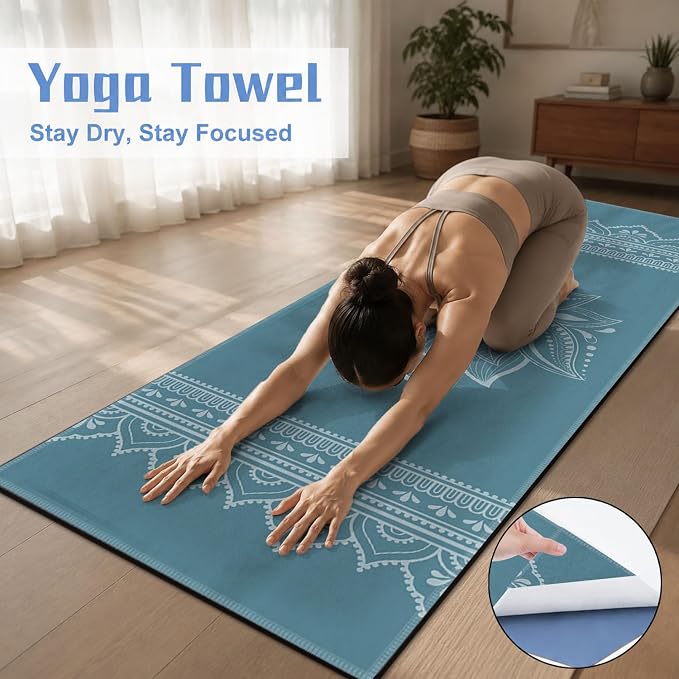 Yoga Mat Towel, Hot Yoga Non Slip with 4 Corner Pockets, 74 x 26 in | Soft Absorbent Microfiber With Four Corner Pockets, Fits Over Yoga Mats For Hot Yoga, Pilates, Gym, And Travel