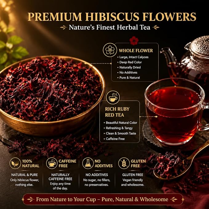 WOTIHA (17.6oz) 100% Natural Hibiscus Flowers tea,Pure from dried Hibiscus Flowers Loose Flower Hibiscus Herbal Tea. Hibiscus Flower Tea. No Sugar, No Caffeine, No Gluten, Vegan.