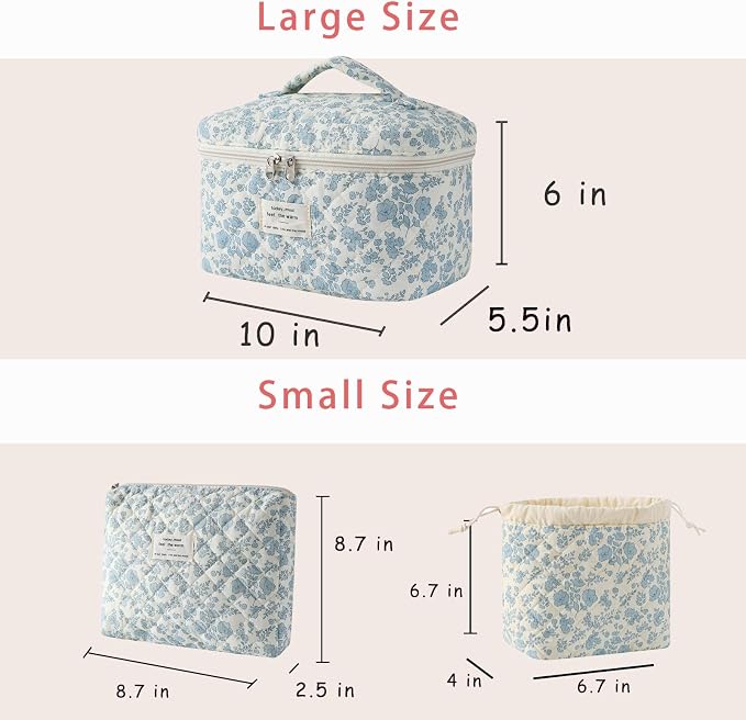 3pcs Large Cotton Quilted Makeup Bag Set,Coquette Aesthetic Cute Travel Toiletry Bag,Drawstring Gift Bag for Women and Girls(3Pcs Light Blue)