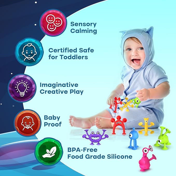 Suction Toy Toddler Bath Toys: No Hole Bath Toy for Boys Girls - 18PCS Sensory Fidget Toys for Kids - Baby Window Building Toy Gooide Bag Stuffers - Travel Gifts Easter Basket Stuffers Egg Fillers