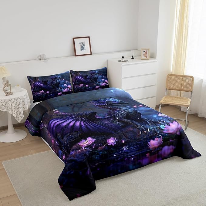 Feelyou Dragon Comforter Set Full Size Dragon Stuff Comforter for Boys Girls Teens Wild Life Bedding Set Flower Duvet Set Room Decor Black Purple Quilt Set