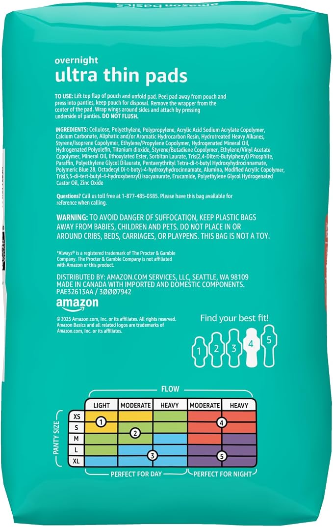 Amazon Basics Overnight Feminine Period Pads for Women, Ultra Thin with Flexi-Wings, Unscented, Size 4, 112 Count (4 Packs of 28)