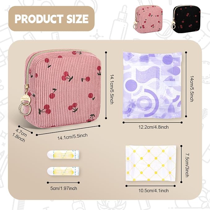 Period Bag for Teen Girls, Corduroy Sanitary Napkin Storage Bag, Menstrual Pad Pouches Tampon Holder for Purse (Cherry-Light Purple)