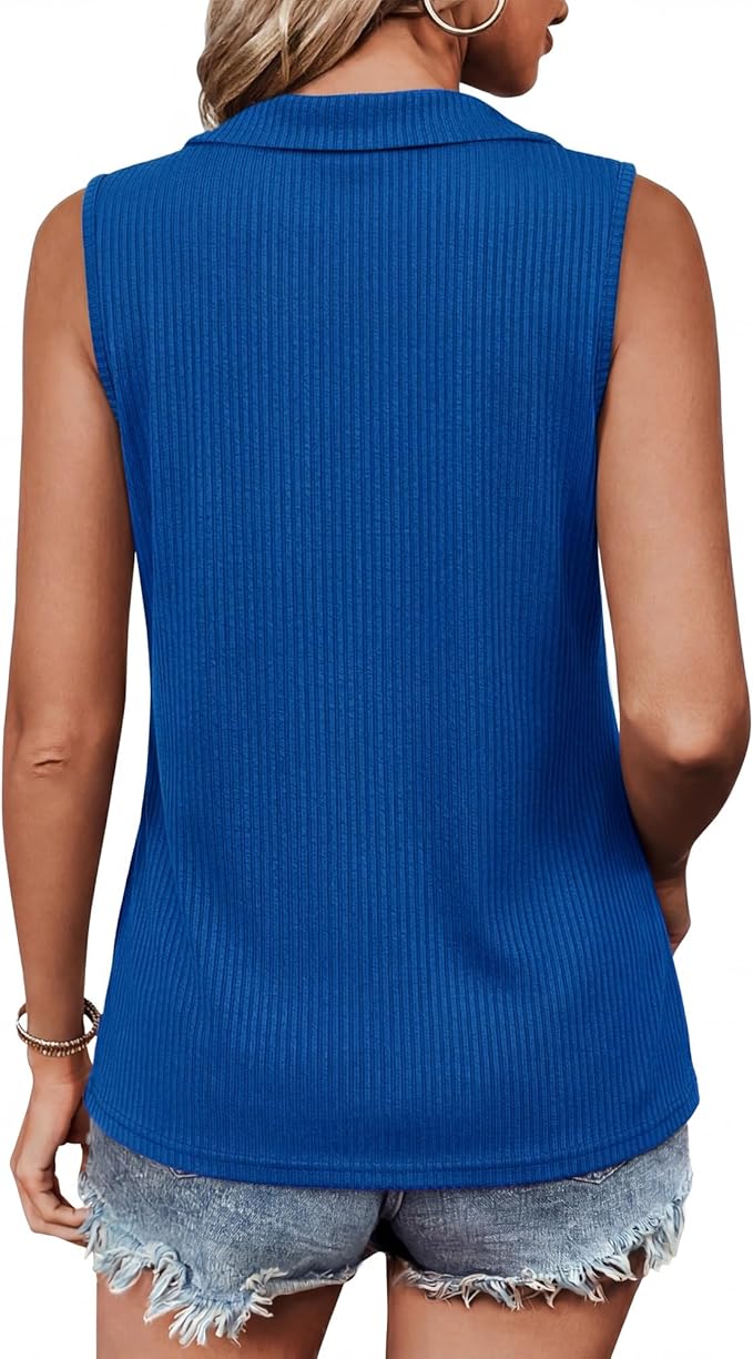 Vivilli Womens Ribbed Tank Top Zipper V Neck Dressy Casual Blouses Sleeveless Camisole Tops Work Tank Polo Shirts