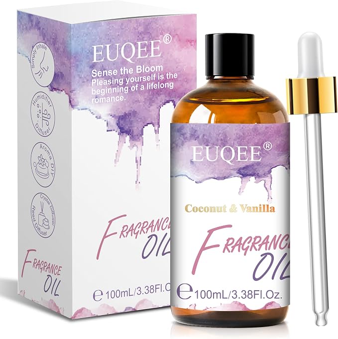 EUQEE 100ML/3.38 Fl Oz Coconut & Vanilla Fragrance Oil with Glass Dropper, Essential Oil for Diffuser for Home, Yoga, Long Lasting Scented Oil for Candle Making, Handmade Soap Making, DIY Perfume
