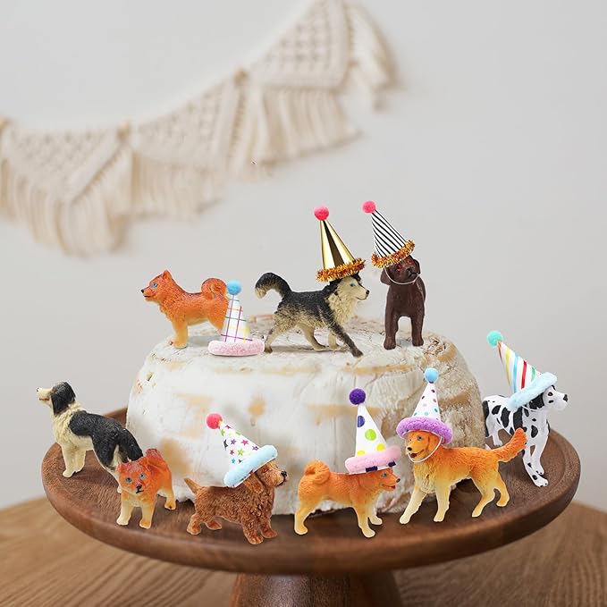 18 Pcs Dog Birthday Party Decorations Mini Birthday Hat Animal Figure Model Cake Toppers with Mini Hat for Birthday Party, Animals Themed Party