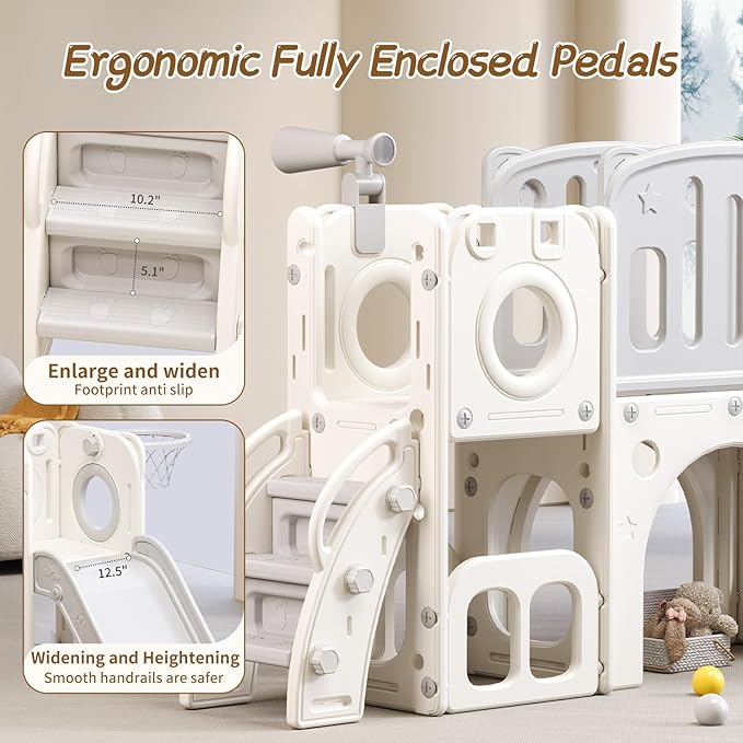 8 in 1 Toddler Slide,Kids Climber Slide with Storage Space and Non-Slip Steps,Indoor Outdoor Playset with Basketball Hoopa and Telescope,Slide for Toddlers Age 1-8 (White+Grey)