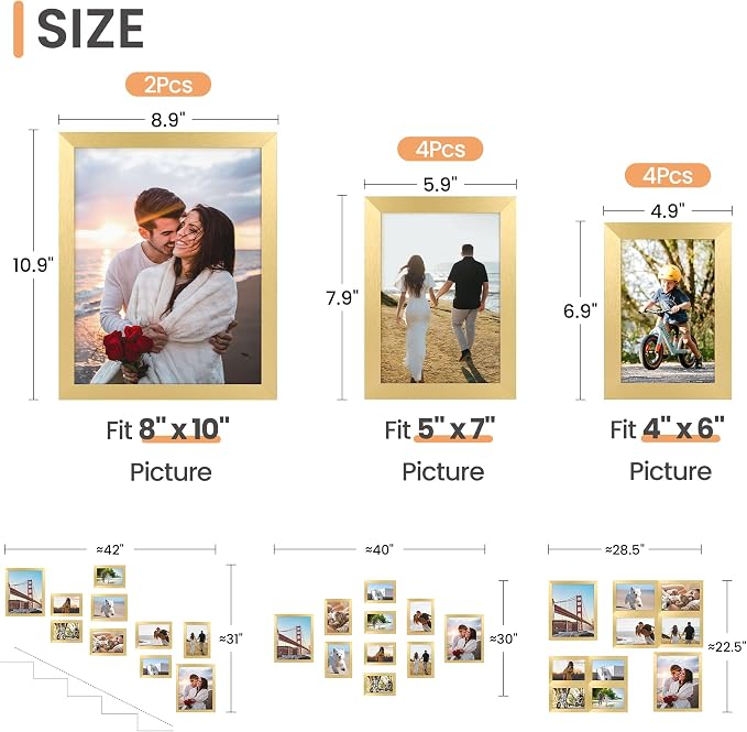 upsimples 10 Pack Picture Frames Collage Wall Decor for Mounting or Tabletop Display, Photo Gallery Frame Set for Family, Multi Sizes Including 8x10, 5x7, 4x6, Gold | Multi Picture Frames Collage Wall Decor, Gallery Wall Frame Set, Gift For Christmas, ...
