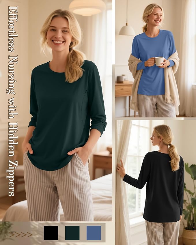 3 Pack Nursing Tops for Breastfeeding Maternity Shirts Zipper Long Sleeve Round Neck Knit Casual Nursing Clothes