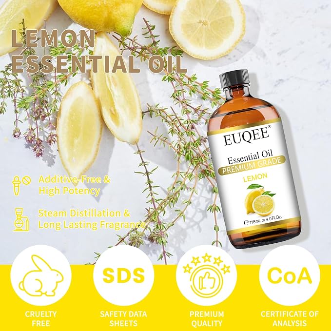 EUQEE Lemon Essential Oil with Glass Dropper, Great for Aromatherapy, DIY Soap, Humidifier, Candle Making(4Fl oz/118mL)
