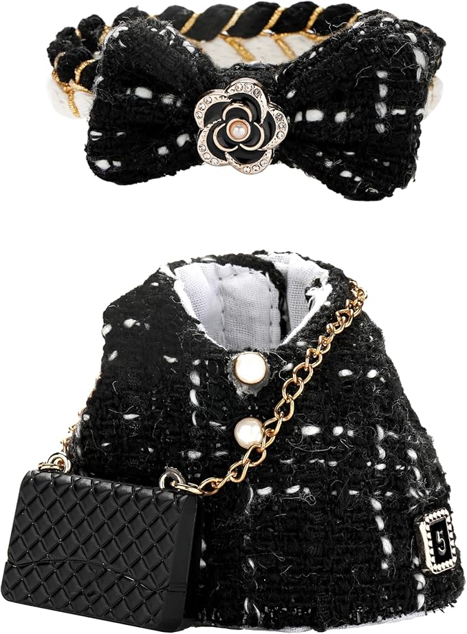 Doll Clothes for Labubu 17cm Have a Seat & Exciting Macaron & Big into Energy Series Dolls, Luxury Chic Series for 17cm Dolls Accessories (Black Dress+Hairband+Bag)
