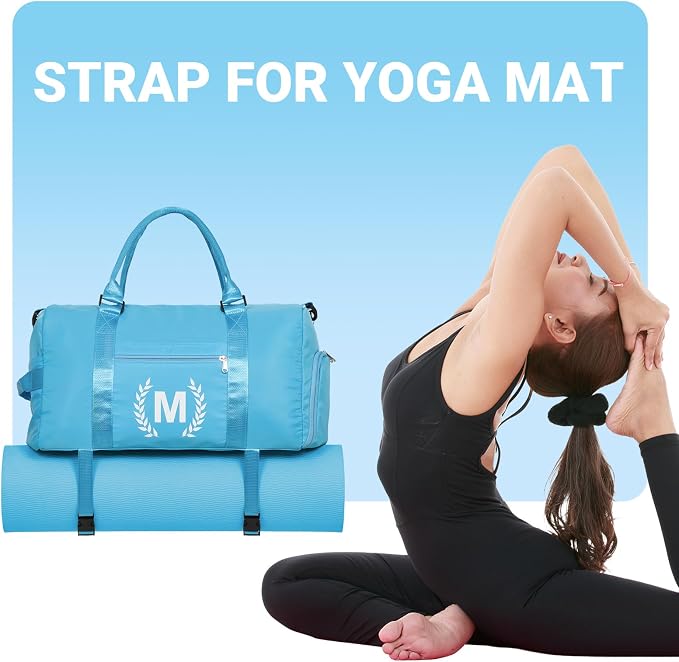 Gym Bag for Women, Personalized Duffle Bag with Shoe Compartment, Sports Bag for Yoga & Dance with Wet Pocket and Mat Strap(AquaBlue,T)
