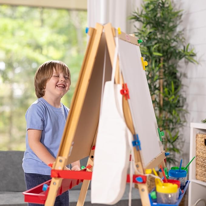 Melissa & Doug Deluxe Wooden Art Easel for Kids with Dry-Erase Board, Chalkboard & Drawing Paper Roller, Folding Double-Sided Toddler Easel, Preschool Learning Toys for Girls & Boys Ages 3+