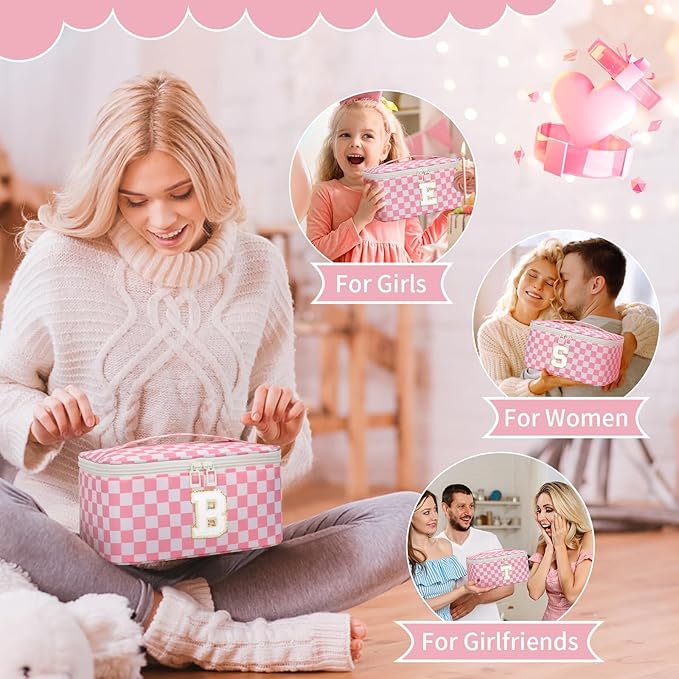 OCHEAL Makeup Bag Valentines Day Gifts for Women, Monogram Cosmetic Bag Pink Travel Makeup Case Beauty Toiletry Bag Organizer Personalized Gifts for Girl Teens Bridesmaid Sister Wife Friends Initial A