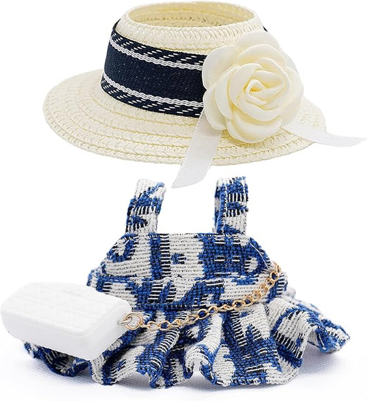Clothes for 17cm Dolls, Luxury Chic Style Set High-End Fashion Outfit 3 Piece Set Including a Hat,Clothes and Bag with Premium Dolls Accessories for Play & Display (Blue) - No Logo