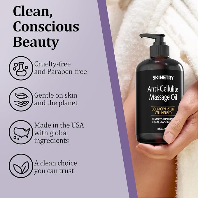 Anti Cellulite Massage Oil Nourish Your Skin & Senses – Firming Body for Smoothing Cellulite & Improving Texture. Silky, Fast-Absorbing Formula with Collagen & Stem Cell – 8 Fl Oz