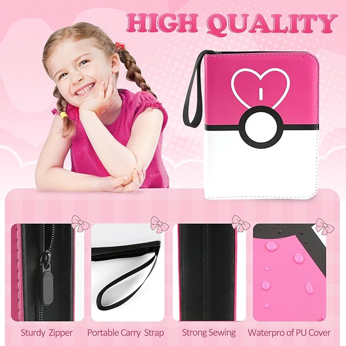 4 Pockets Trading Card Binder, 400 Card Holders with 50 Removable Sleeves, Portable Card Binder Album with zipper, Card holder Book for Game, Sport Collection (Light Pink)