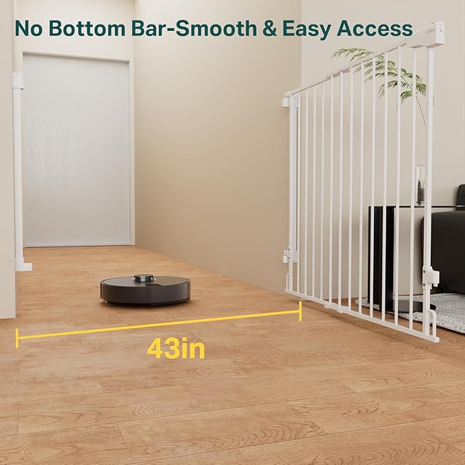 Cumbor 34" Extra Tall No Bottom Bar Baby Gate for Stairs, Hardware Mounted Dog Gate Indoor for Larger Pets, Expandable 29.2-43" Safety Gate for Doorways, Wide Walk Thru Door for Easy Access (White)
