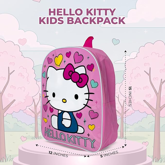 AI ACCESSORY INNOVATIONS Hello Kitty Kids Backpack, Elementary School Girls Book Bag with Padded Straps, Pink