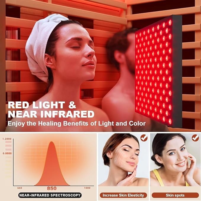 MEISSALIVVE Full Spectrum Sauna for Home, 1-2 Person Indoor Infrared Sauna Room with 10 Minutes Warm-up Heate, Canadian Hemlock Wood Indoor Dry Heat Sauna with Bluetooth and Tempered Glass