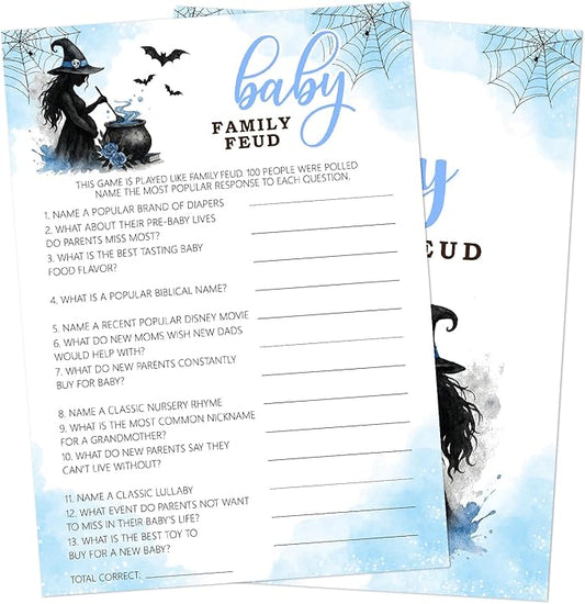 Hilarious Baby Shower Games, 25 Sets Halloween Baby Family Feud + Answer Card, Blue Witch Gender Reveal Game Cards for Party Announcement Supplies - B08