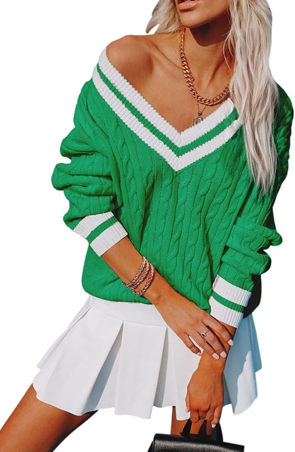Aoudery Womens V Neck Oversized Sweaters Long Sleeve Cable Knit Pullover Striped Chunky Sweater Casual Tennis Tunic Tops