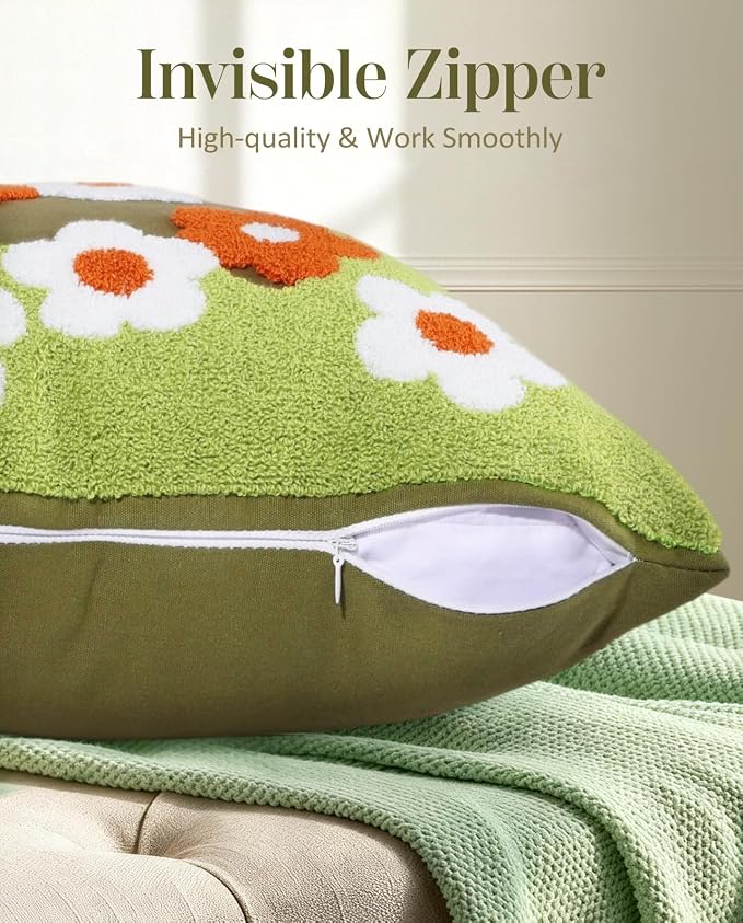 Embroidered Throw Pillow Cover - 18x18 Decorative Pillow Cover with Zipper Aesthetic Cute Design Boho Spring Summer Cozy Throw Pillowcase for Living Room Couch Sofa Bed, Green Flowers