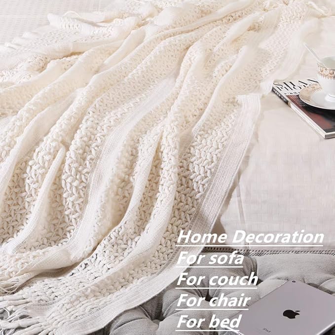 CREVENT Farmhouse Knit Throw Blanket for Couch Sofa Chair Bed Home Decoration, Soft Warm Cozy Light Weight (50''X60'' Cream/White)