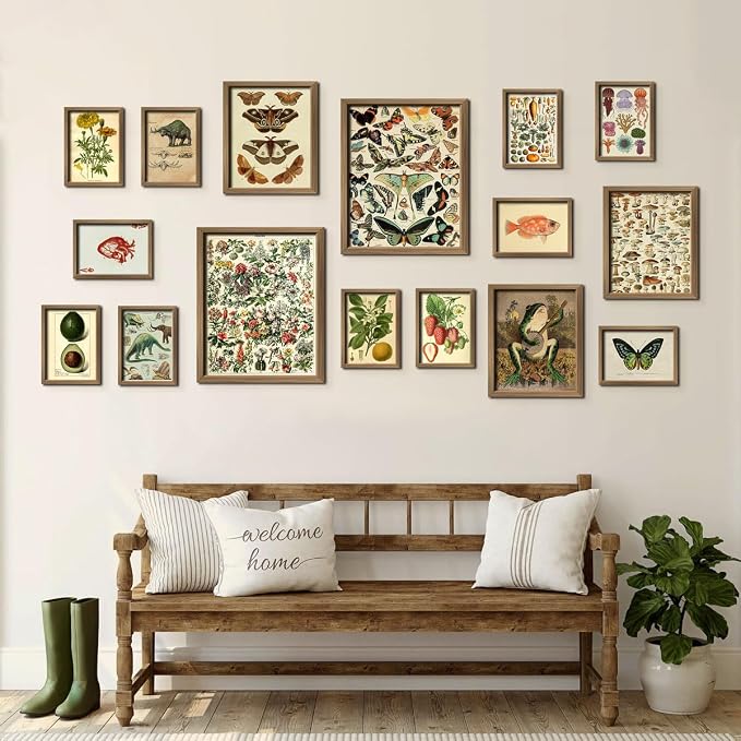16 PCS Vintage Wall Art Decor, Botanical Cottagecore Wall Collage Kit for Bedroom, Farmhouse Posters for Room Aesthetic, Wall Prints Pictures for Living Room, Rustic Dorm Gallery Home Decor