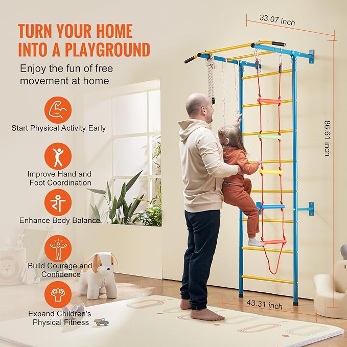 VEVOR Indoor Jungle Gym for Toddlers, 5-in-1 Climbing Playset with Carbon Steel Swedish Ladder, Wall Ladder, Pull-Up Bar, Rope Ladder, and Gymnastic Rings, Supports 220 lbs, Multicolor