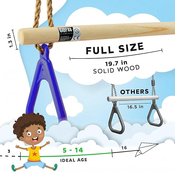 Trapeze Swing Bar for Kids Indoor & Outdoor | Adjustable Trapeze Bar with Rings for Swing Set | Hanging Gymnastics Bar for Monkey Bars, Ninja Course & Play Set