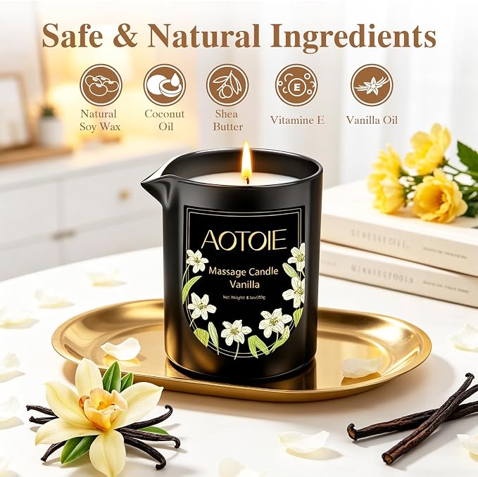 Massage Oil Candle,8.1oz Low Temp Body Oil Candles for Massage Therapy and Skin Moisturising,Natural Body Safe Soybeans Massage Candles for Home SPA Couples Gift(Vanilla)