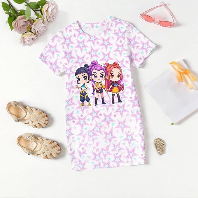 Girl's Anime K-POP Graphic Long Dress T-Shirt - Casual Loose Fit Short Sleeve Top
