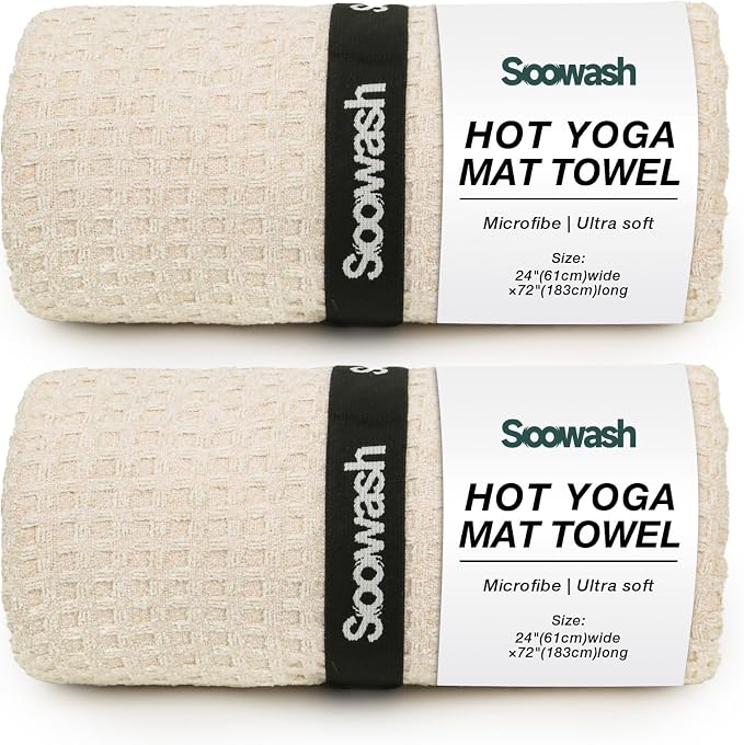 Hot Yoga Towel,Microfiber Yoga Mat Towels Non Slip for Hot Yoga Absorbent Microfiber Sweat Anti-Slip Cover,Bikram,Pilates,Exercise,Fitness 24 inch X 72 inch Beige 2 Pack