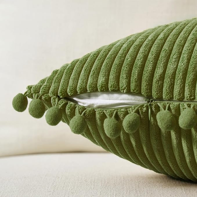 Fancy Homi Pack of 2 Moss Green Decorative Throw Pillow Covers 24x24 Inch with Pom-poms, Soft Corduroy Solid Square Cushion Covers for Couch Sofa Bedroom Car Living Room 60x60 cm