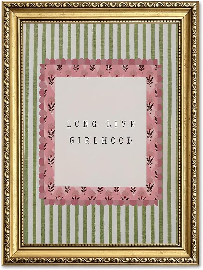 Long Live Girlhood Wall Art Vintage Girl Nursery Wall Decor Picture, Pink and Green Striped Baby Girls Poster Canvas Print Painting Artwork for Living Room Bedroom 16x24 inch Gold Framed