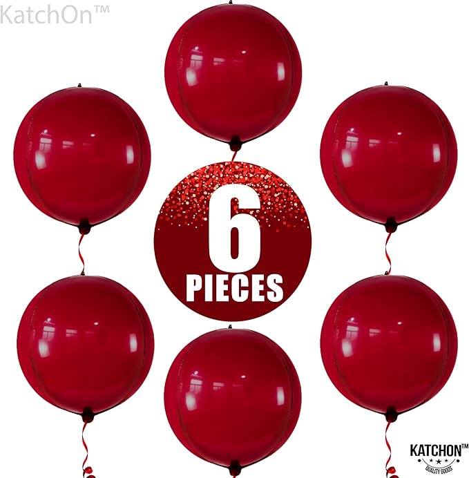 KatchOn, Big Metallic Ruby Red Balloons - 22 Inch, Pack of 6 | Round 4D Mylar Balloon for Valentines Day Decorations | Valentines Balloons for Galentines Decorations | Red Party Decoration, Birthday