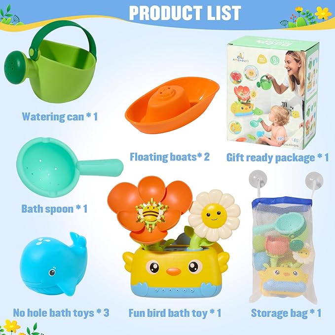 Baby Bath Toys for Kids Ages 1-3 Mold Free Bath Toys for Toddler 2-4 Bathtub Water Toys for Babies 18+ Months, Watering Can Bath Boats Spoon & No Hole Bath Toy with Mesh Bags for Boys Girls Gifts