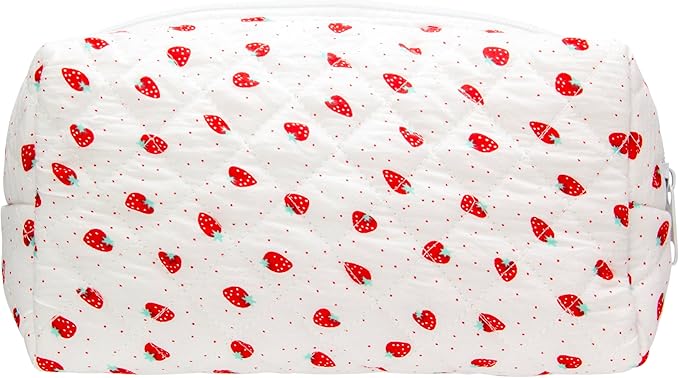 PAZIMIIK Small Quilted Makeup Bag,Zipper Cosmetic Pouch,Strawberry | Lightweight Cosmetic Bag Organizer for Women,Purse Storage Holds Makeup,Toiletries,Skincare,Beauty Essentials,Travel Items