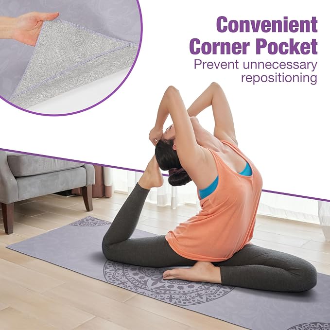 MoKo Yoga Towel, Non Slip Hot Yoga Mat Yoga Blanket Printing Pattern Quick Dry with Corner Pocket for Bikram, Pilates, Gym Workout, Outdoor Picnic, Gray
