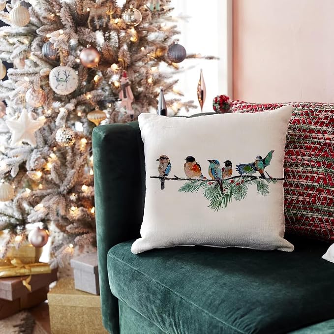 RABUSOFA Christmas Pillow Covers 18x18 Inch Birds Christmas Decorations Christmas Winter Throw Pillow Cases Xmas Outdoor Birds Decor Decorative Pillows for Couch Holiday Teal