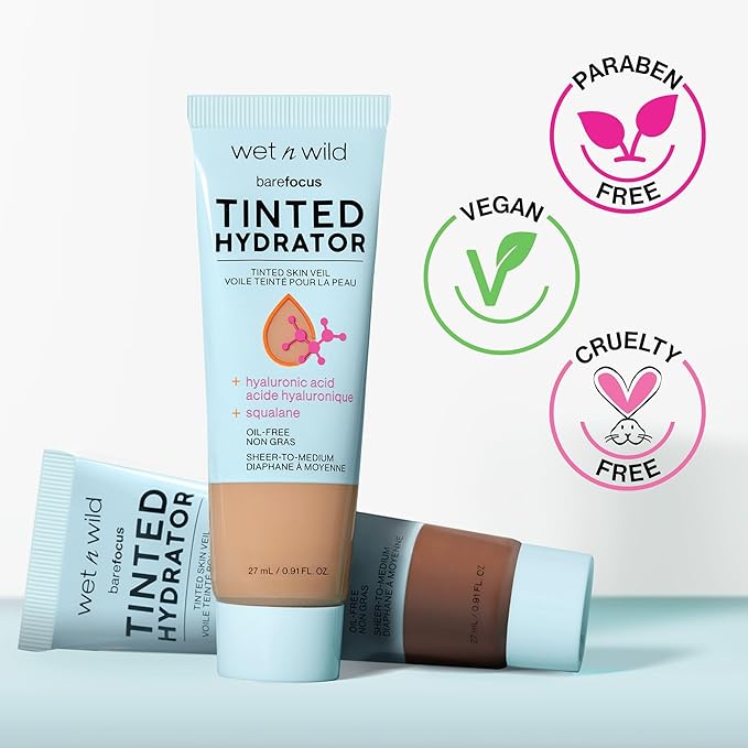 wet n wild Bare Focus Tinted Hydrator Tinted Skin Veil, Lightweight Buildable Coverage with Hyaluronic Acid & Vegan Squalane, Semi-Matte Finish, Cruelty-Free - Deep