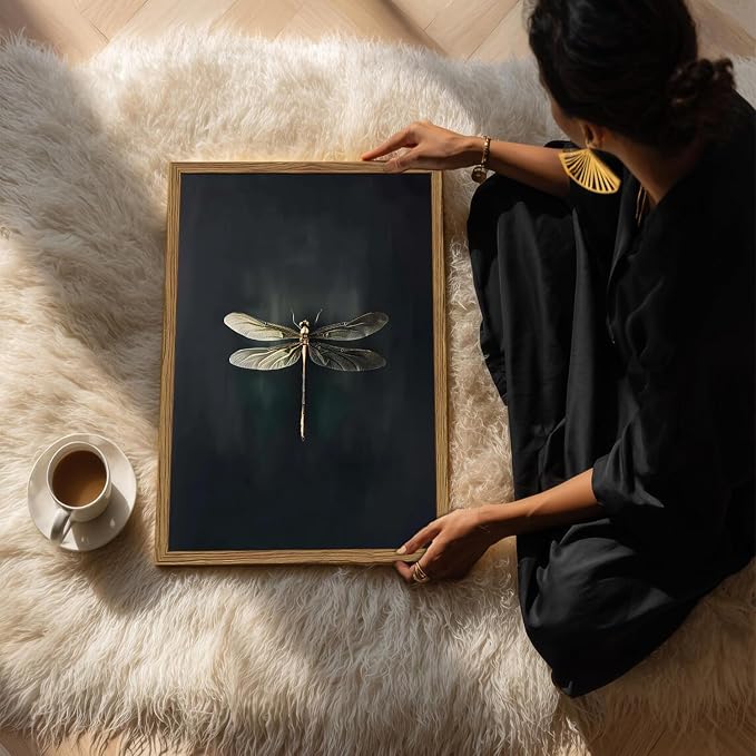 Dark Academia Dragonfly Wall Art Vintage Bug Wall Decor Pictures Whimsical Nature Insect Poster Canvas Print Moody Dragonfly Painting Artwork for Bedroom Living Room 12x16 inch Wood Framed