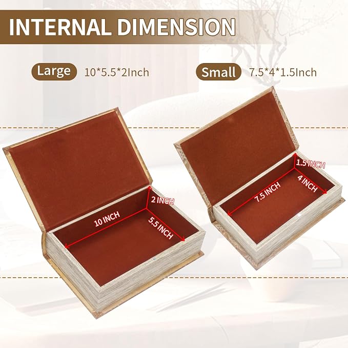 Decorative Book Boxes Set of 2 Magnetic Lock Faux Wooden Storage Book Box | Coffee Table Books Decor Retro Style Fabric Cover,Hidden Storage Secret Keepsake,Jewelry Trinket,Cash