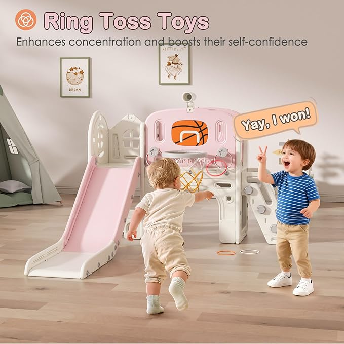 BIERUM 9 in 1 Toddler Slide Set, Baby Slide for Toddlers 1-3 with Ring Toss and Basketball Hoop, Indoor Outdoor Toddler Playset Playground Pink Gray