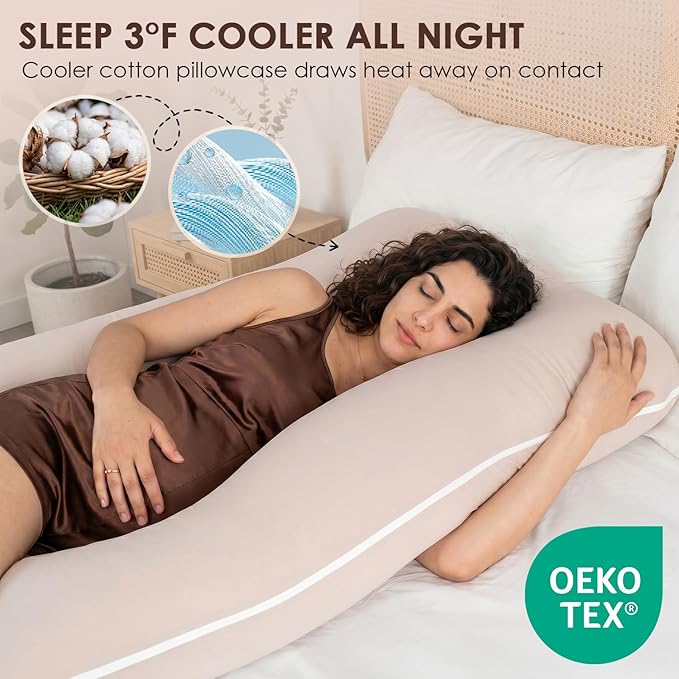 QUEEN ROSE U Shaped Pregnancy Pillow, Breathable Cotton Full Body Support for Maternity, Ivory
