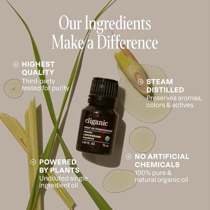 Cliganic USDA Organic Lemongrass Essential Oil - 100% Pure Natural Undiluted, for Aromatherapy Diffuser | Non-GMO Verified