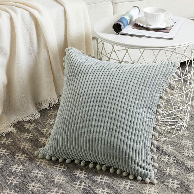 Fancy Homi Pack of 2 Farmhouse Decorative Throw Pillow Covers with Pom-poms, Soft Corduroy Accent Solid Square Cushion Case Set for Couch Sofa Bedroom Car Living Room (18x18 Inch/45x45 cm, Grey)